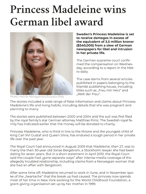 Damages & Enrichment, Princess Madeleine wins German libel award