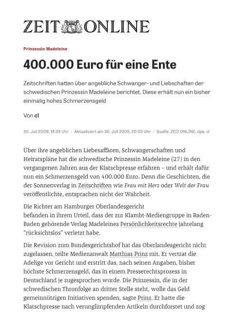 Schmerzensgeld, Prinzessin Madeleine